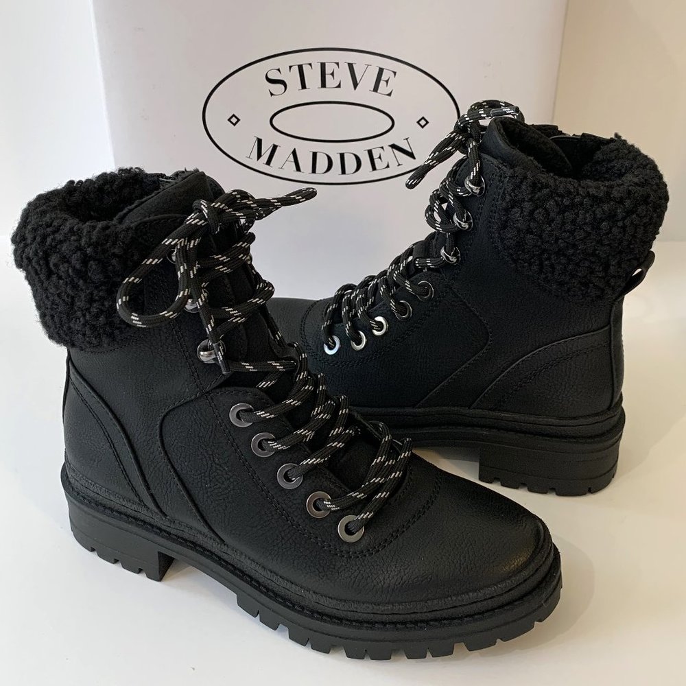 Steve Madden Keystone Lace Up Boots Faux Fur Lug Sole Booties Black Size 7 NEW